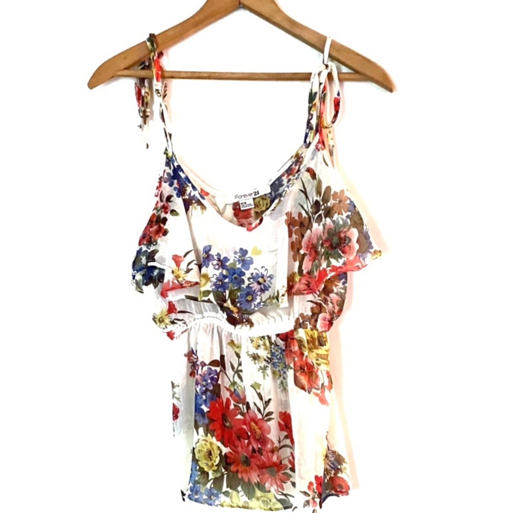 Floral Tie Shoulder Ruffle Tank Top Flowy Feminine Semi-Sheer Tie Strap Blouse M